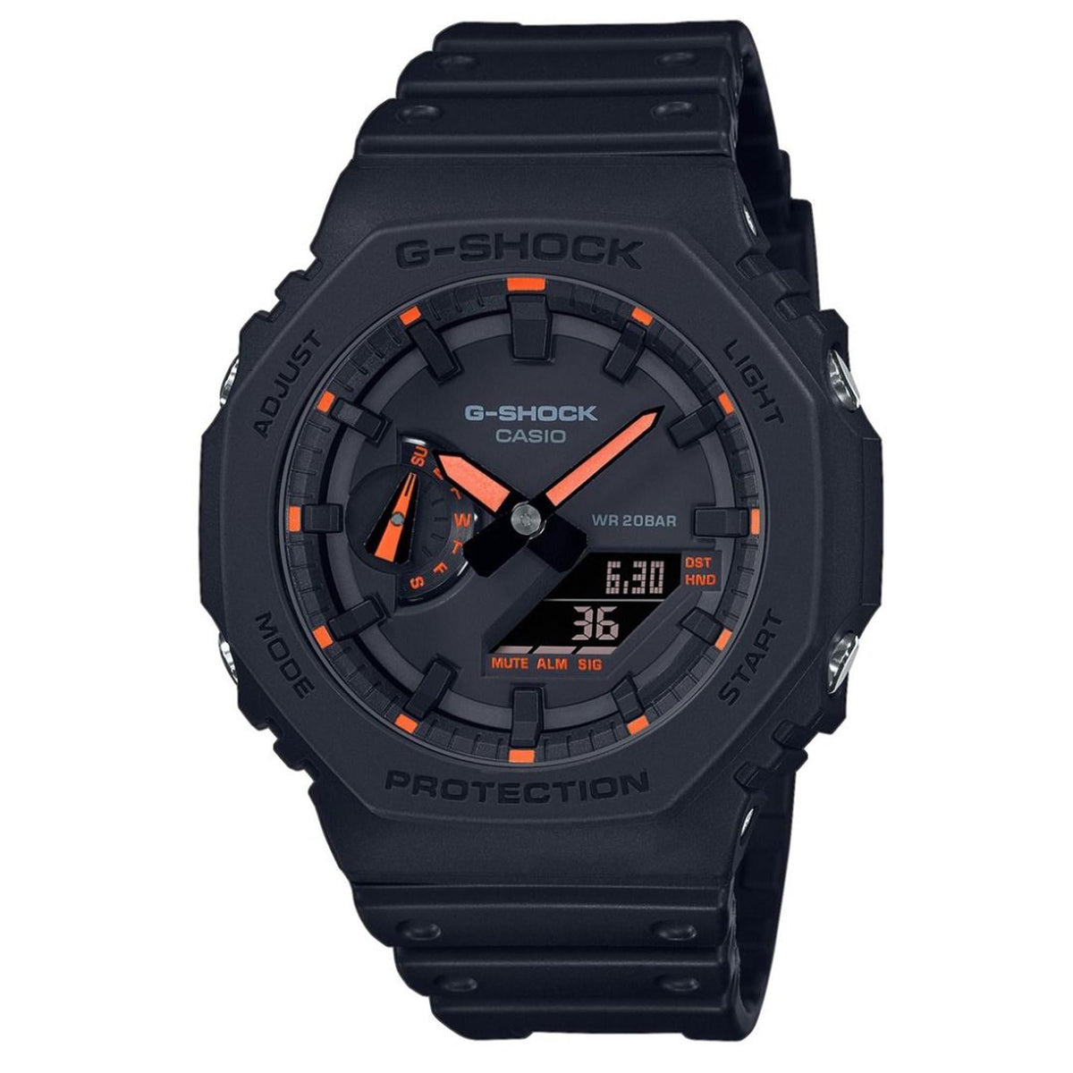 Men's dark grey octagon sports watch with orange hands, multi-function display, silicone strap