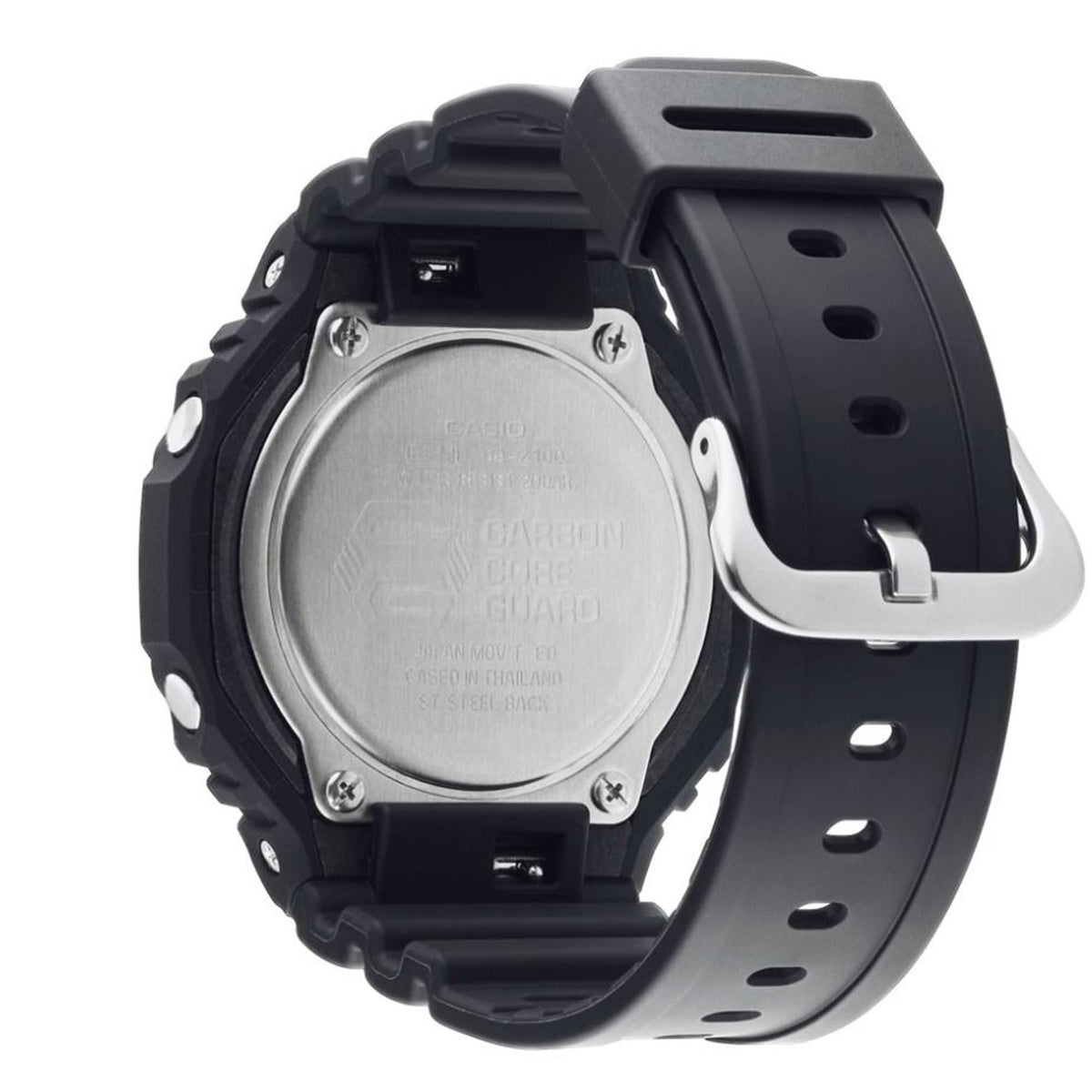 Men's watch case back with metal cover and dark grey silicone strap