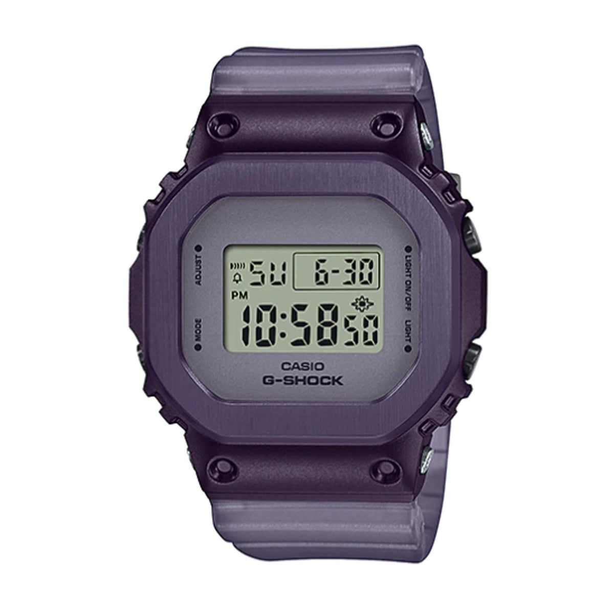 Casio G-Shock digital quartz watch front view with purple resin strap and LCD