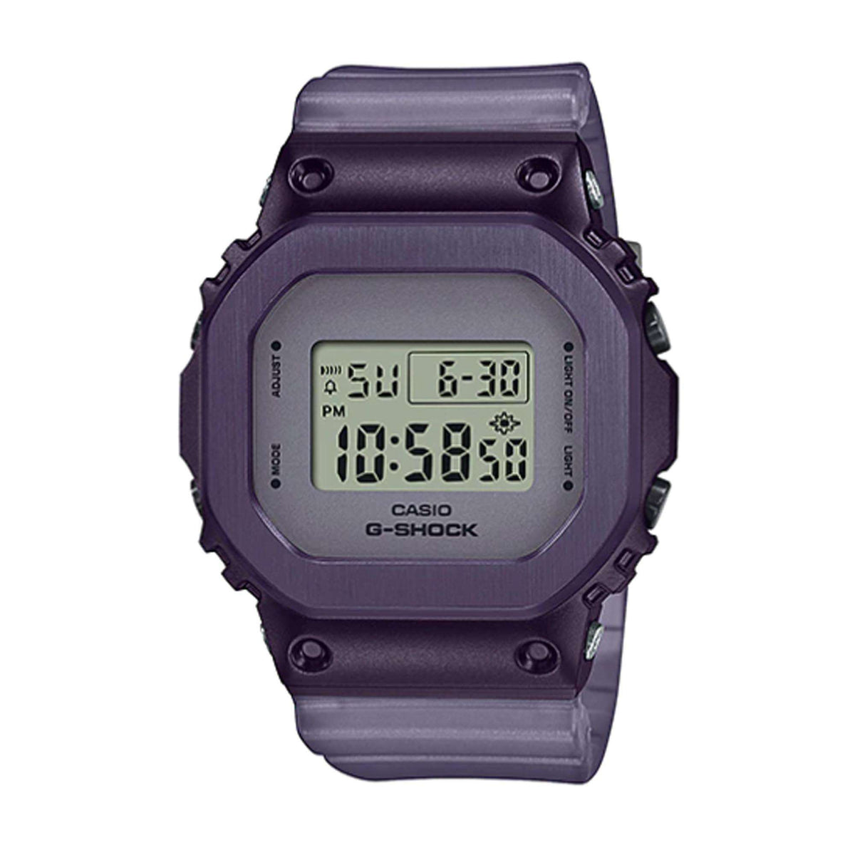 Casio G-Shock digital quartz watch front view, purple resin strap and bezel