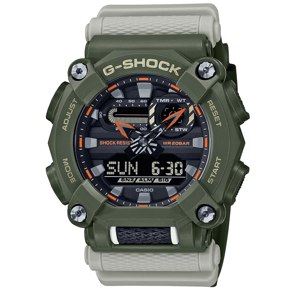 Men's G-Shock sport watch: black dial, green bezel, grey resin strap, WR200m