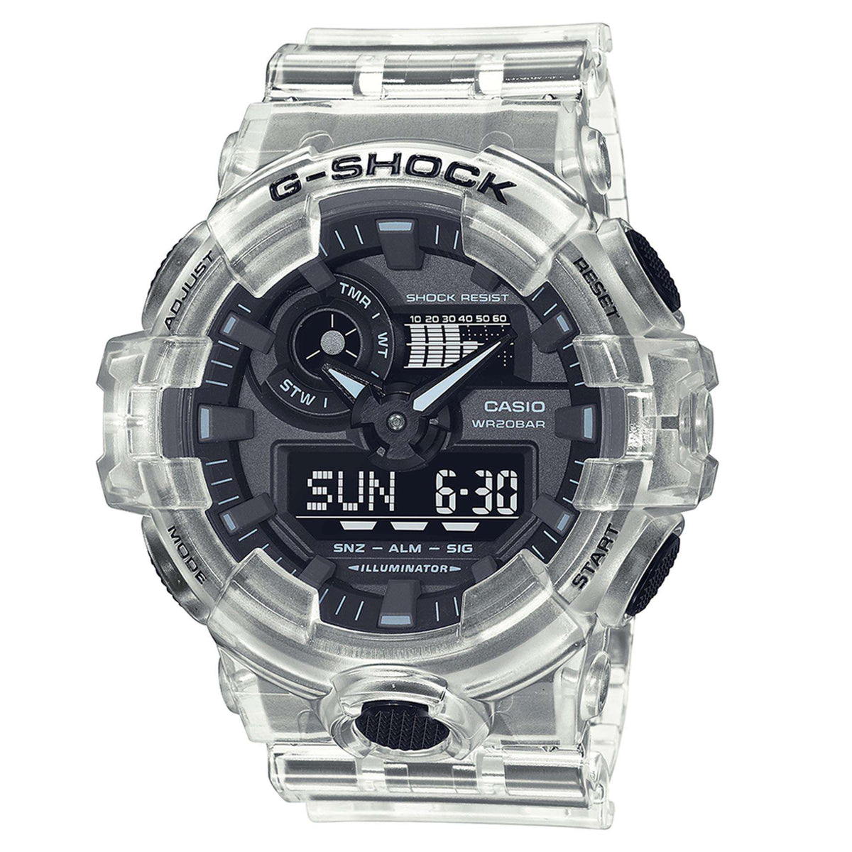Men's Casio G-Shock quartz watch with black dial and transparent resin case, 'SUN 6:30'