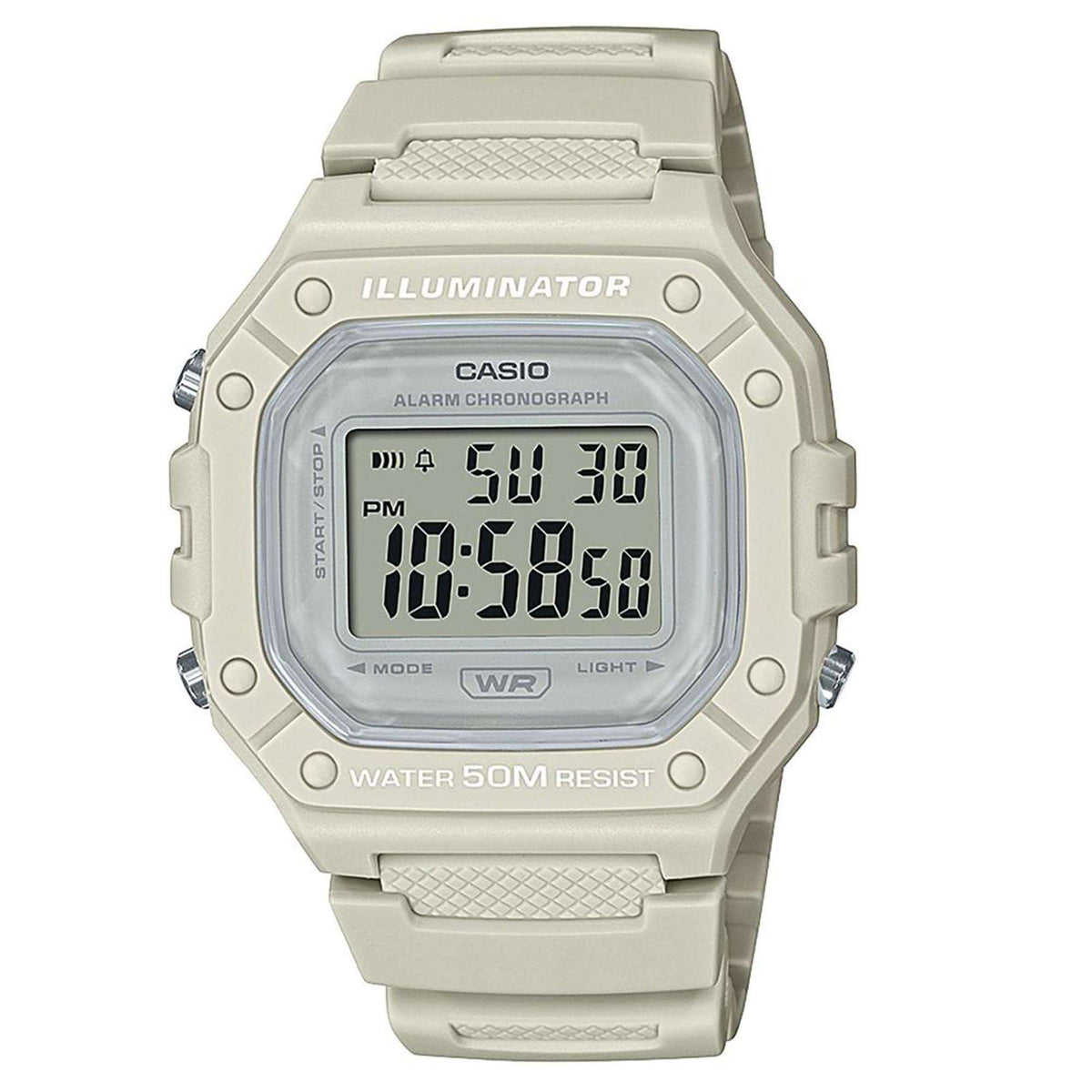 Digital quartz wristwatch with gray resin strap, LCD, Illuminator, 50m water resist.