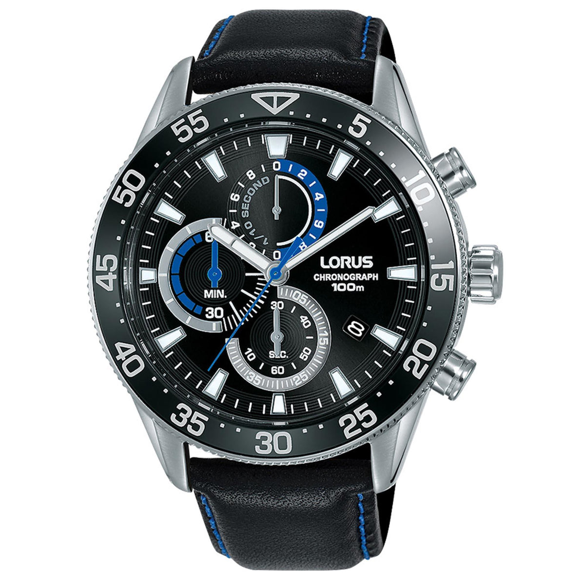 Sport quartz wristwatch black dial with blue subdials, steel bezel, leather strap