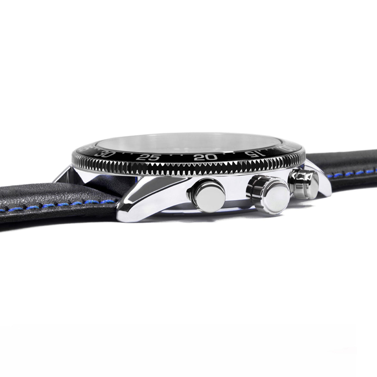 Sport quartz wristwatch side view showing crown, black leather strap with blue stitching
