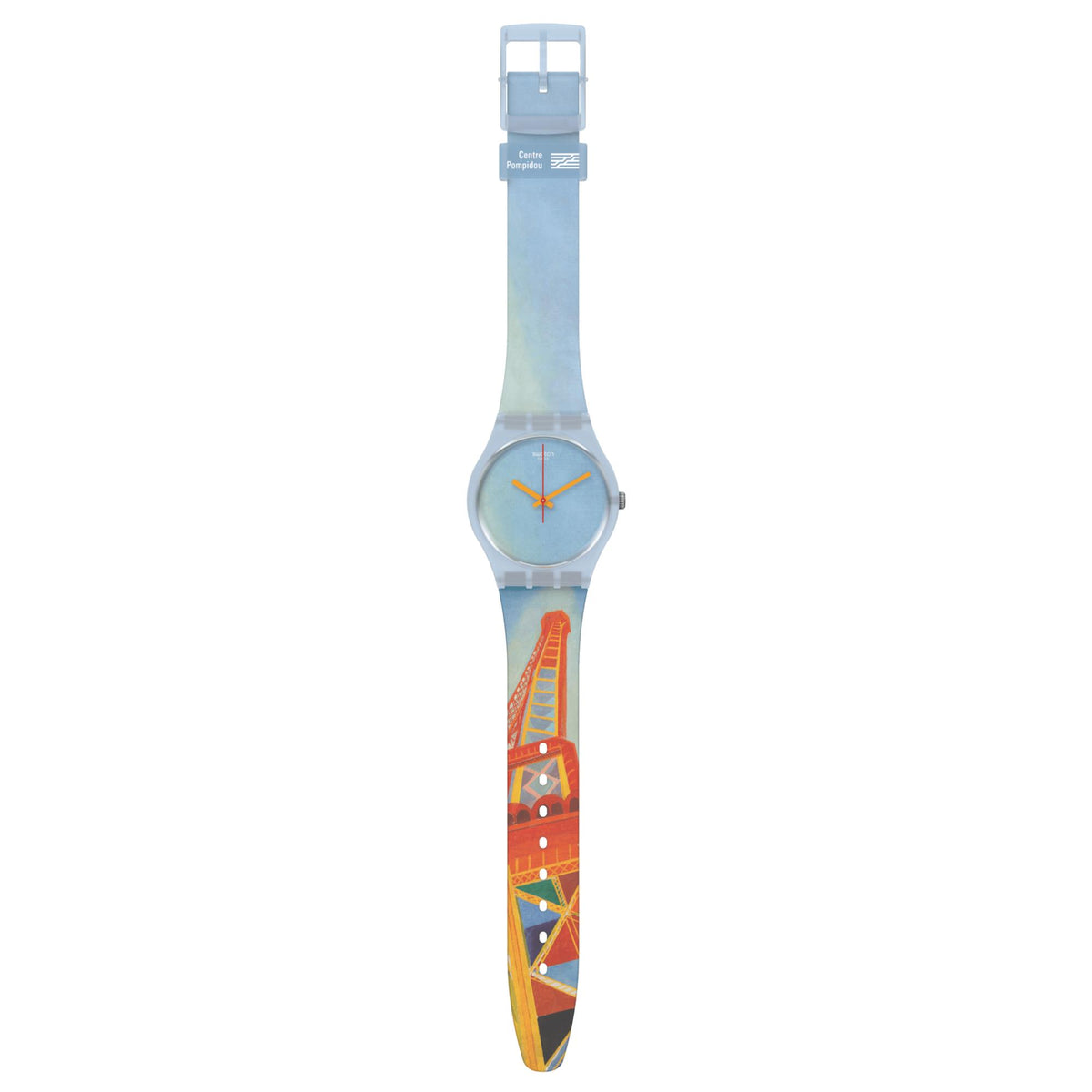 Light blue Swatch quartz wristwatch, orange hands and city illustration on transparent strap