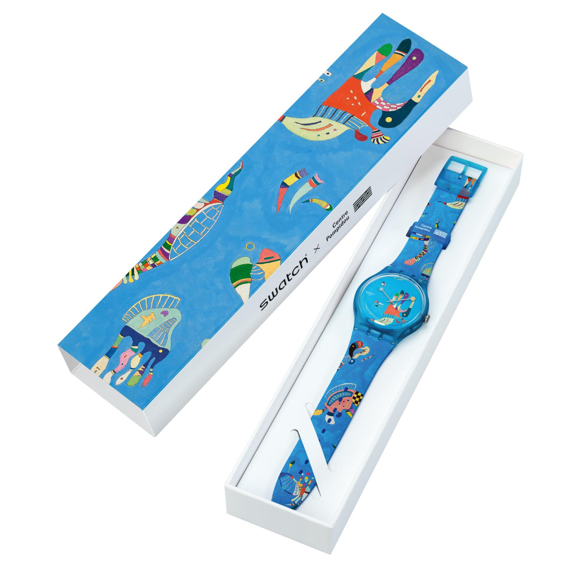 Blue silicone watch in white gift box, light-blue dial with colorful abstract artwork