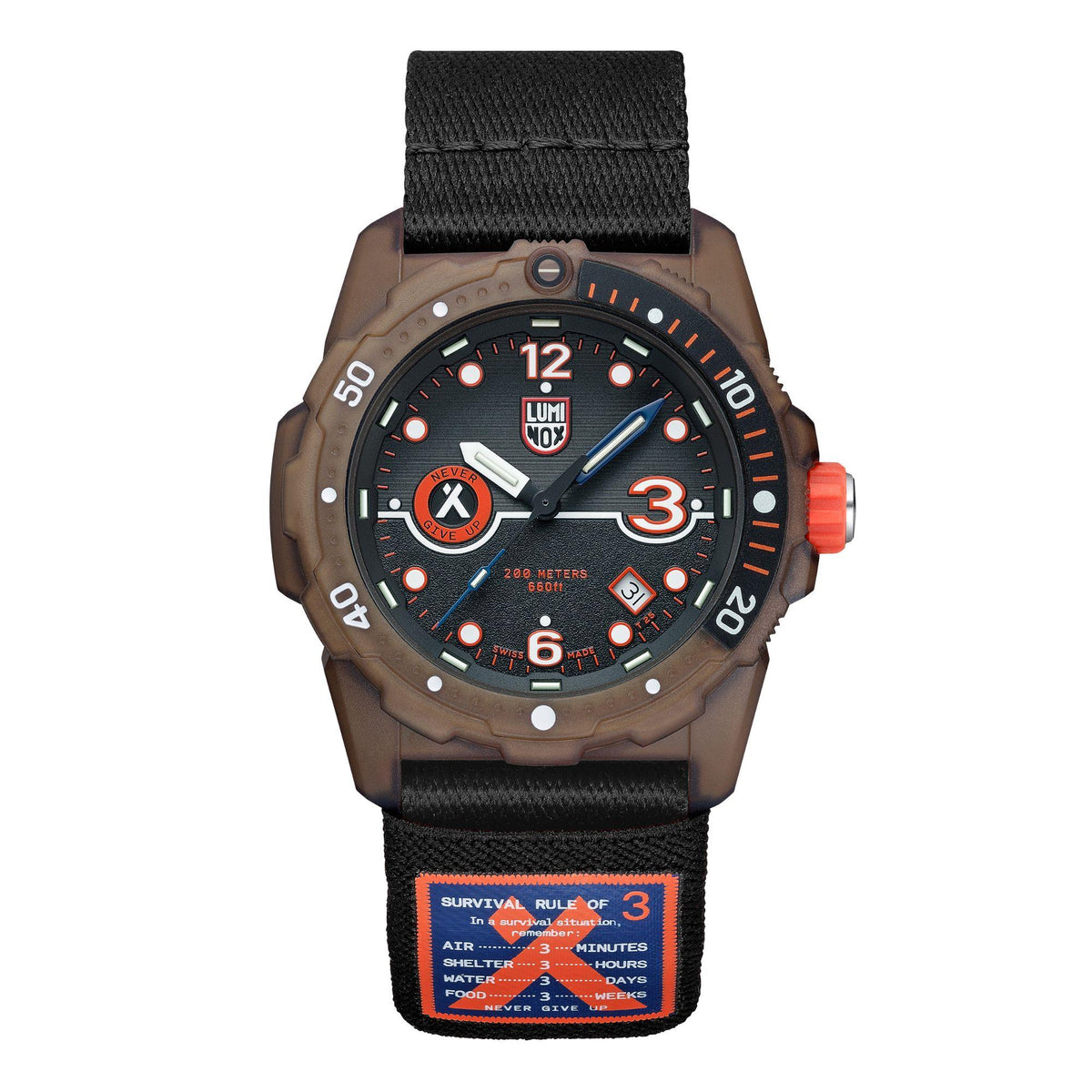 Men's black dial dive watch, tan case, black strap with Survival Rule of 3 patch