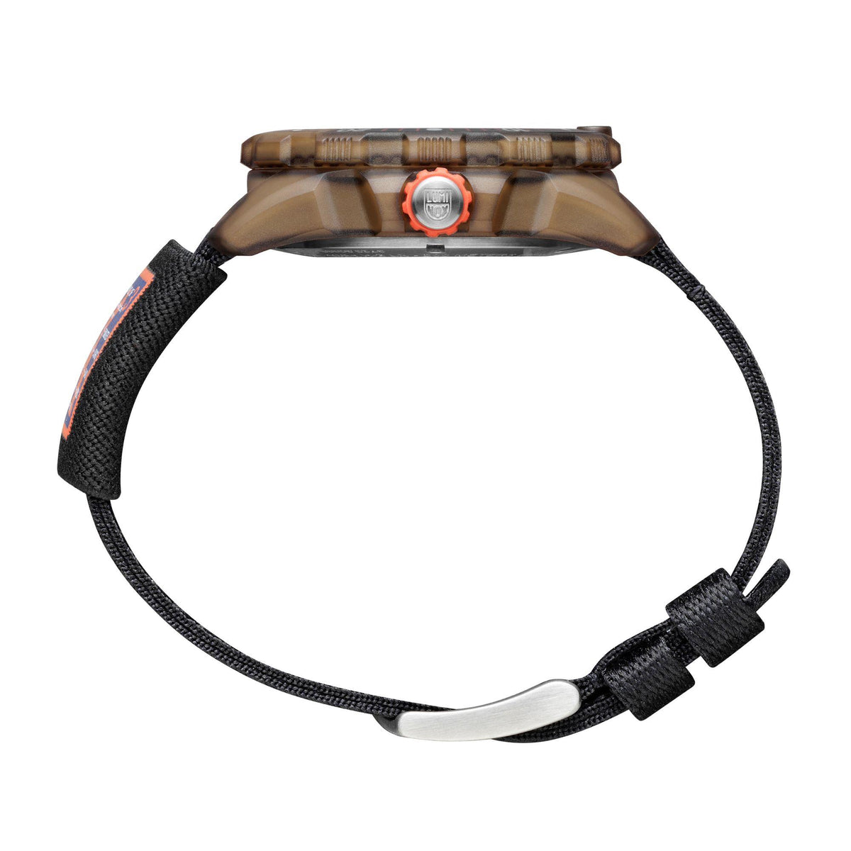 Men's dive watch top view with orange crown button and black fabric strap