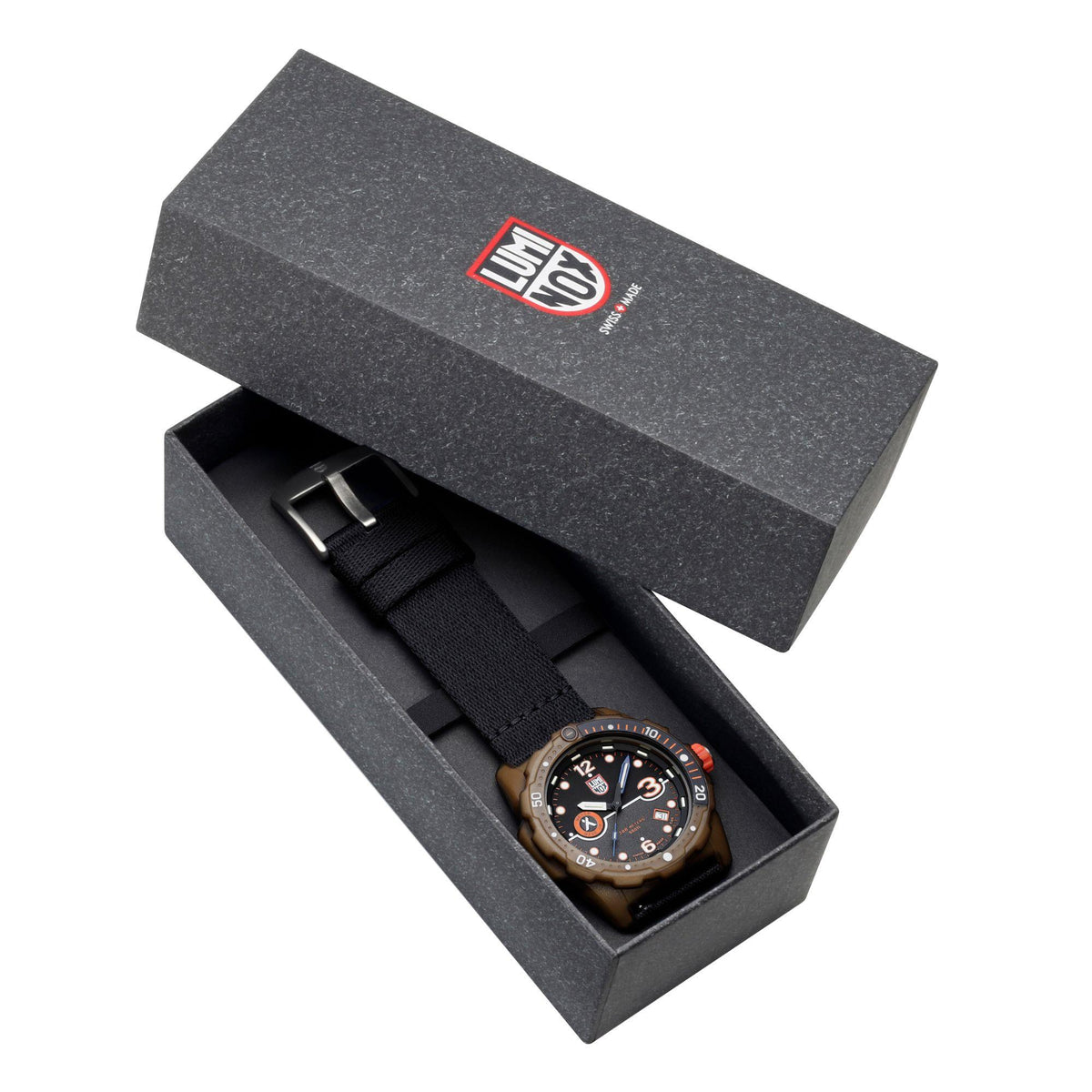 Men's dive watch in black presentation box with black strap and tan case