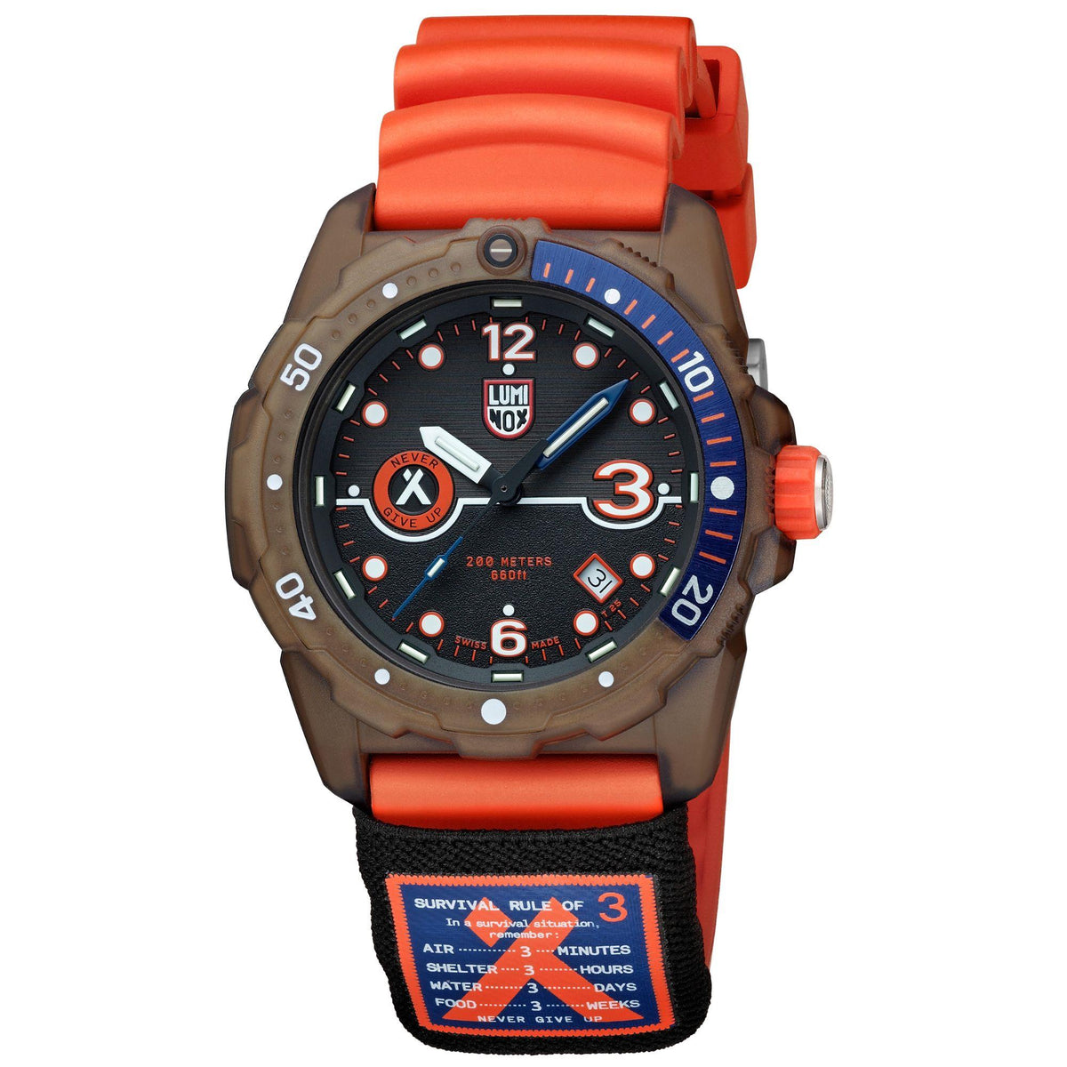 Men's quartz wristwatch with orange rubber strap, brown case, black dial and orange indices