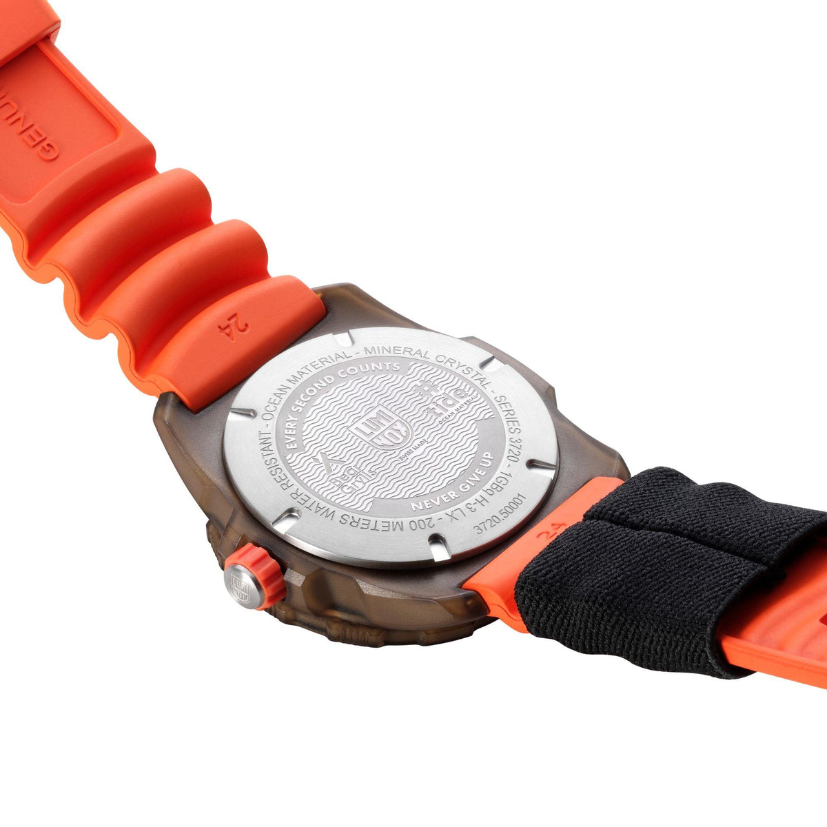 Men's quartz watch back case in silver with orange rubber strap and black fabric loop