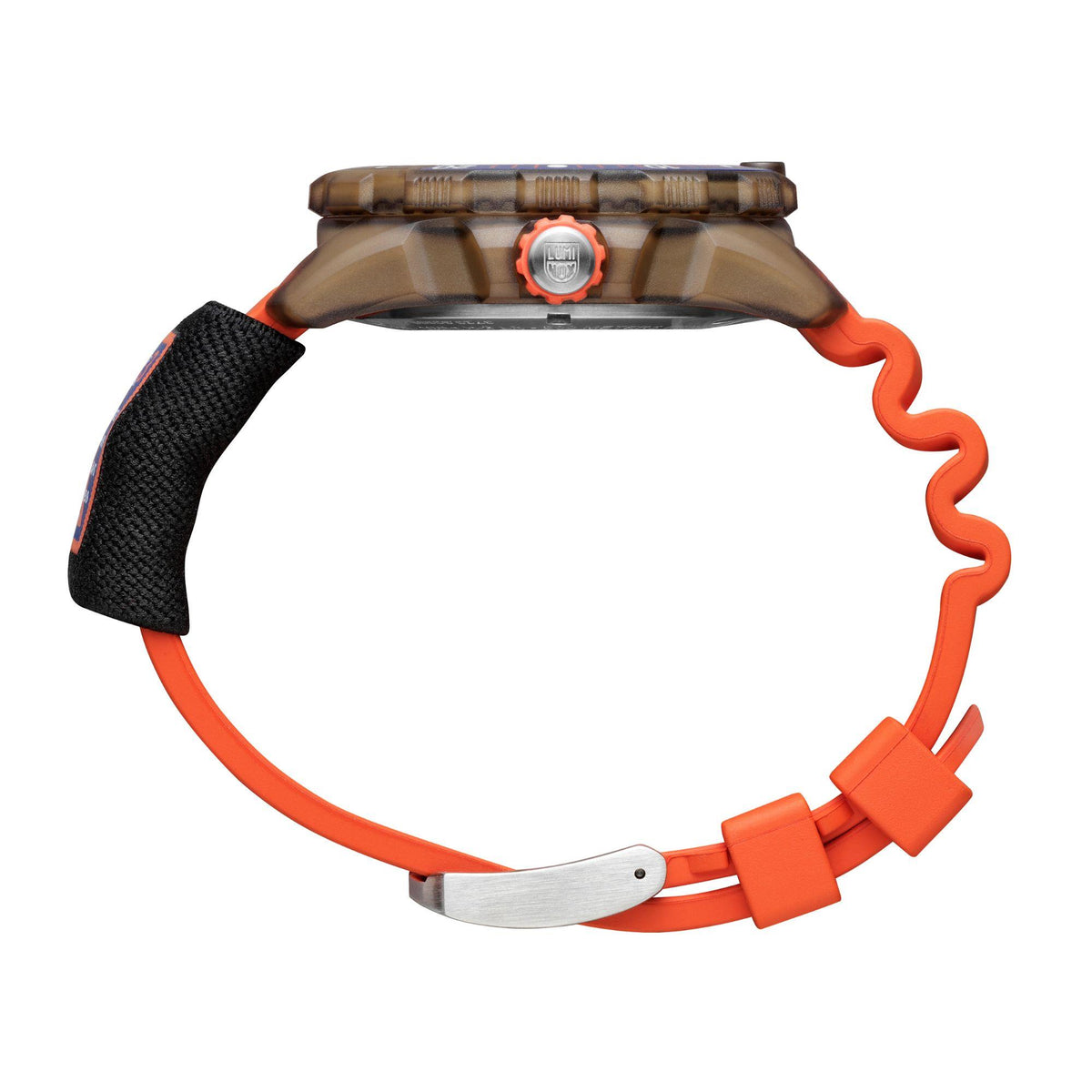 Men's quartz wristwatch top view with orange case bezel and black fabric strap