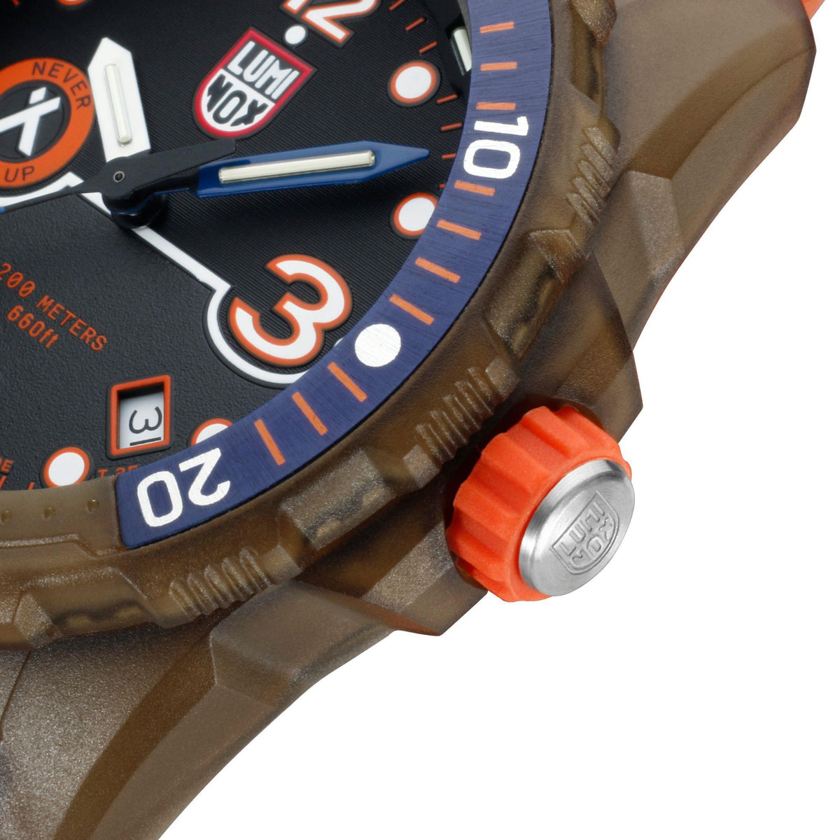 Men's quartz wristwatch side detail with orange crown and brown textured case