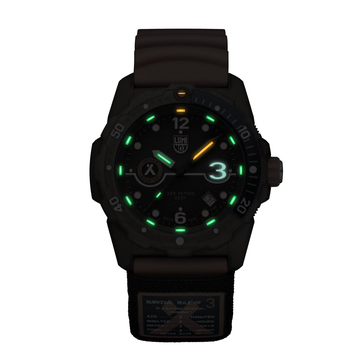 Men's quartz wristwatch with black case, black dial, and green glowing lume on strap