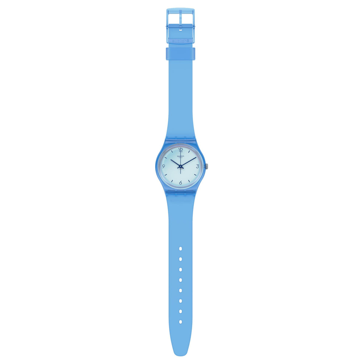 Blue transparent silicone wristwatch, side view with clasp and round dial