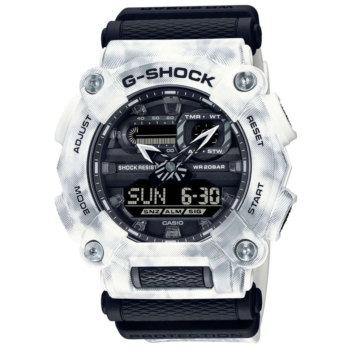Casio G-Shock men’s wristwatch front view with black dial, grey camo case, black resin strap