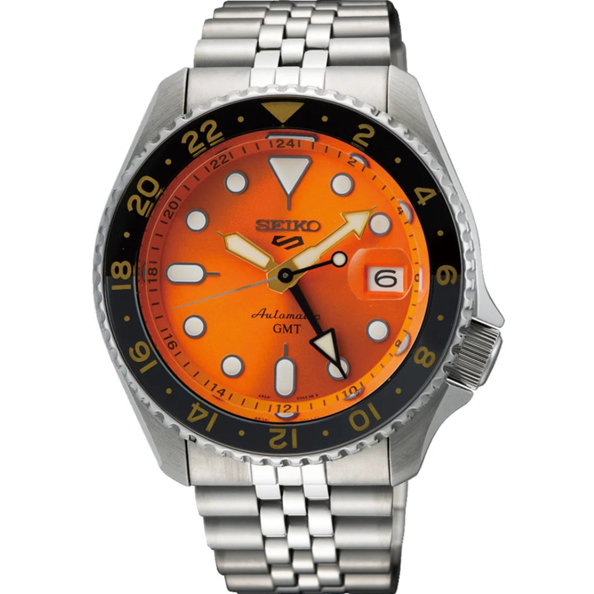 Men's Seiko 5 Sports GMT watch with orange dial, black bezel, stainless steel bracelet
