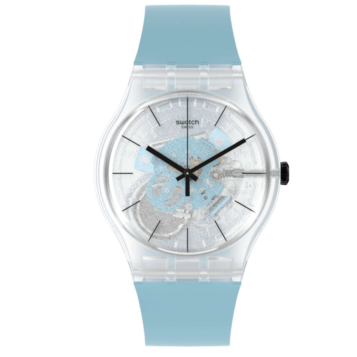 Unisex quartz watch with round clear case, light blue strap, and transparent dial