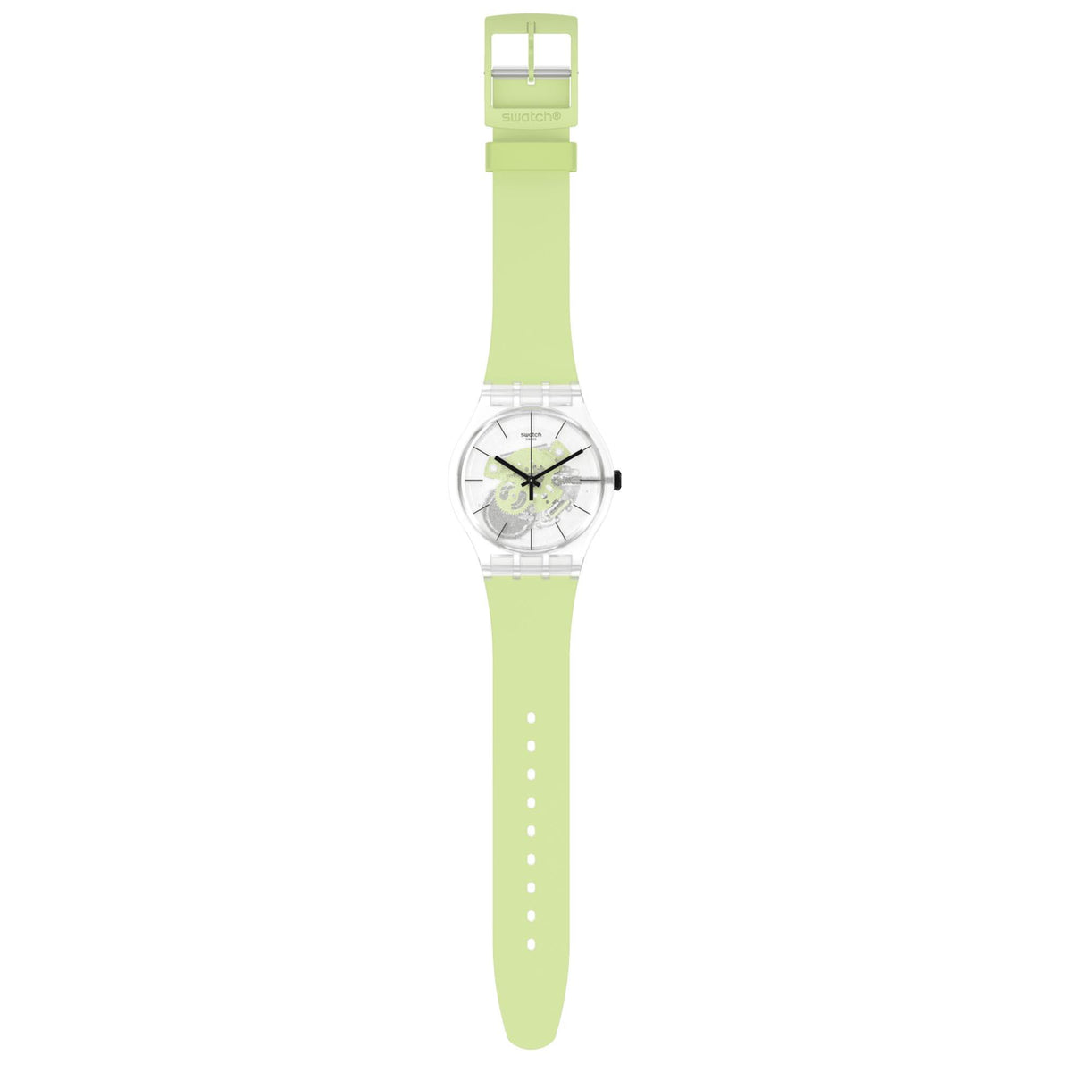 Quartz watch with light green strap and transparent green dial shown from back
