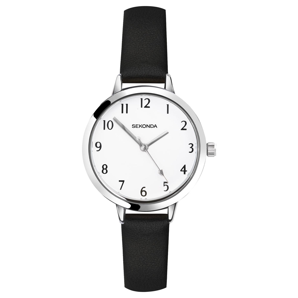 Ladies quartz watch front with white dial, Roman numerals, black leather strap, silver case