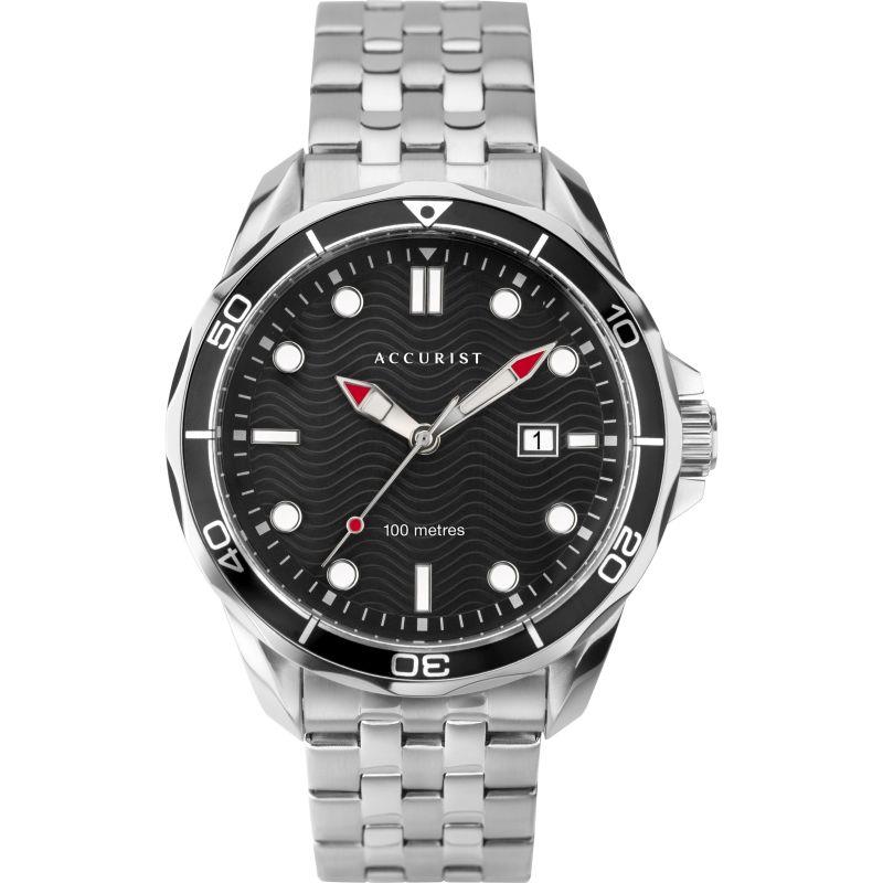 Men's stainless steel bracelet watch, black dial with silver hands and red accent