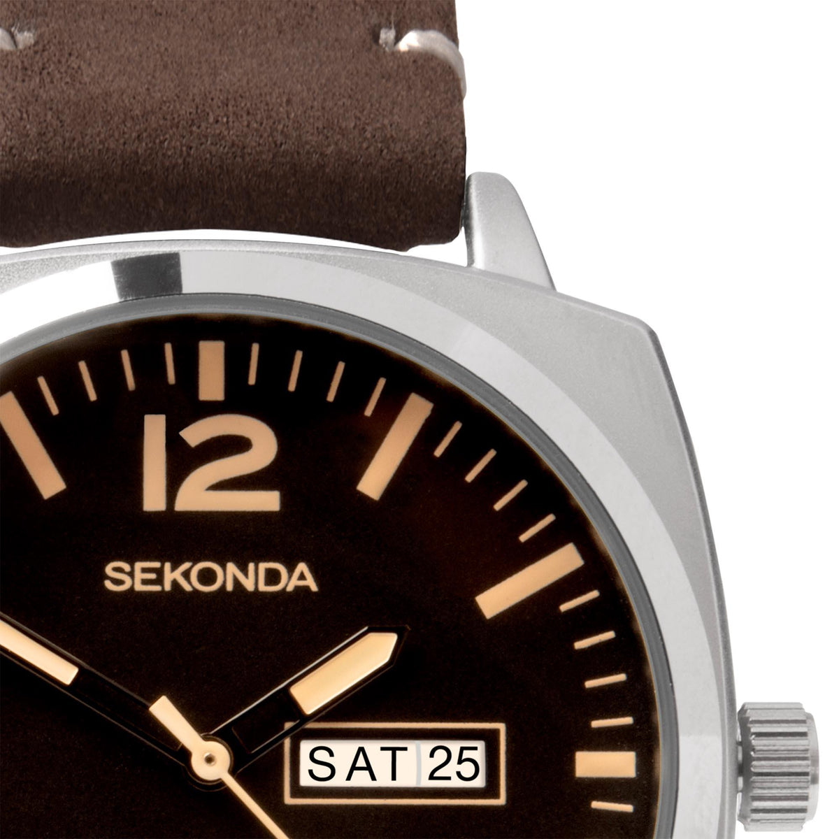 Men's Sekonda quartz watch face with black dial, gold markers, and date window SAT 25