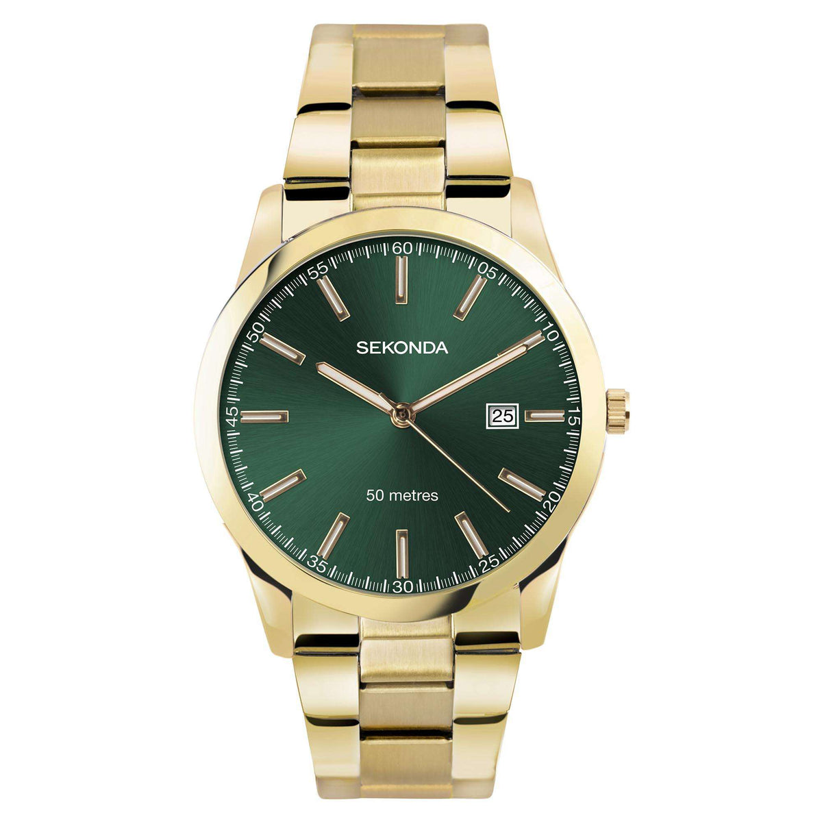 Men's gold-tone stainless steel quartz wristwatch with green dial and polished bracelet