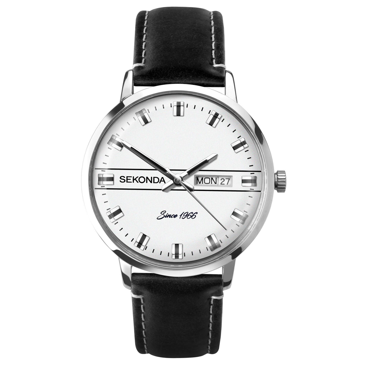 Men's quartz watch front view with white dial, black leather strap, silver case