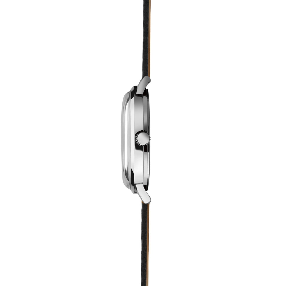 Sekonda men's watch side view with metal case and crown, black leather strap.