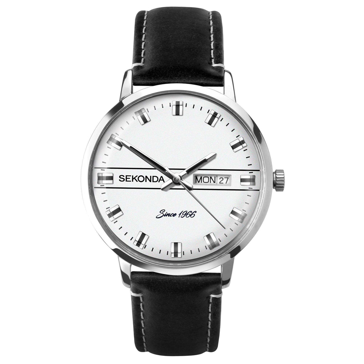 Men's quartz watch showing white dial and black leather strap with MON 27 date
