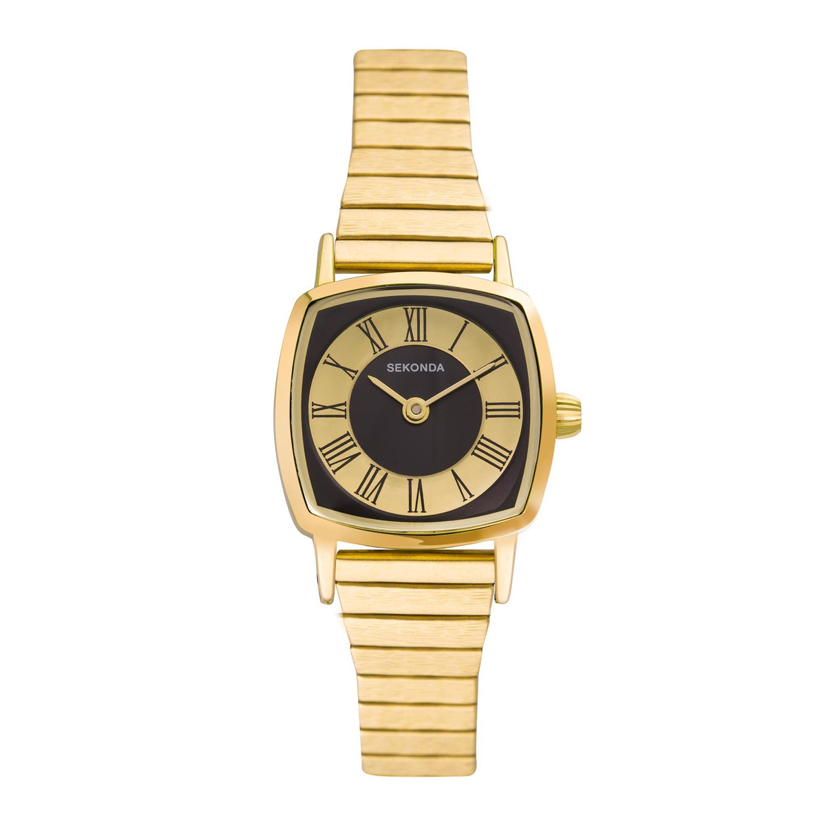 Gold-tone ladies wrist watch with black dial, Roman numerals, and crown at right