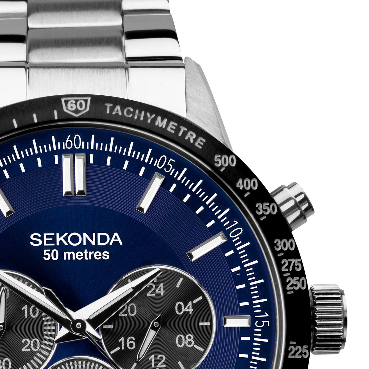 Men's chronograph watch with blue dial, tachymeter bezel, and three subdials