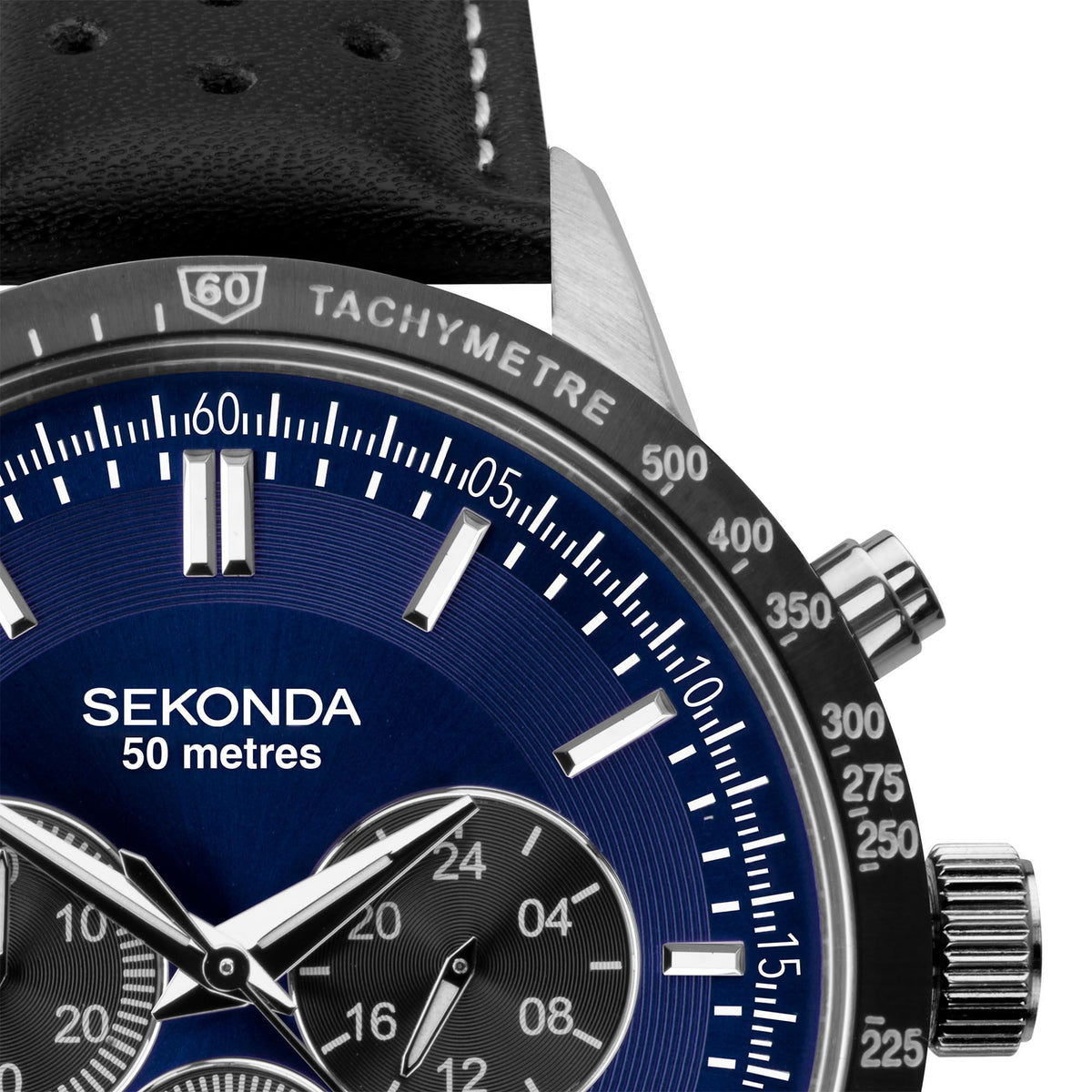 Men's chronograph watch blue dial with tachymeter bezel, three subdials and date window