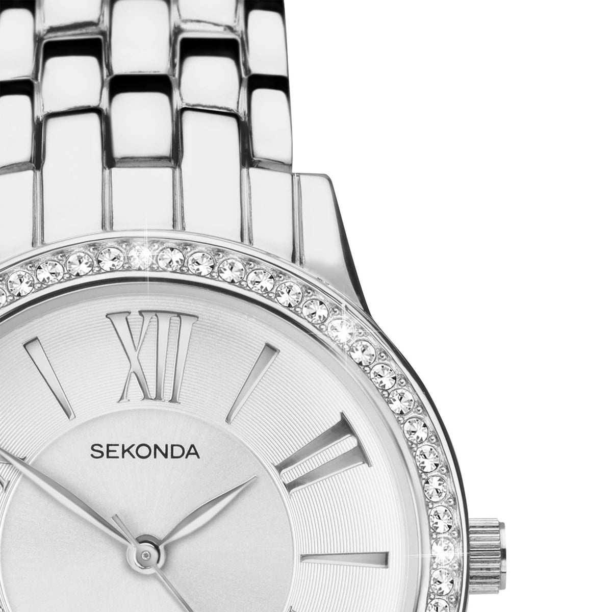 Sekonda ladies quartz watch detail, white dial with Roman numerals and crystal bezel rim