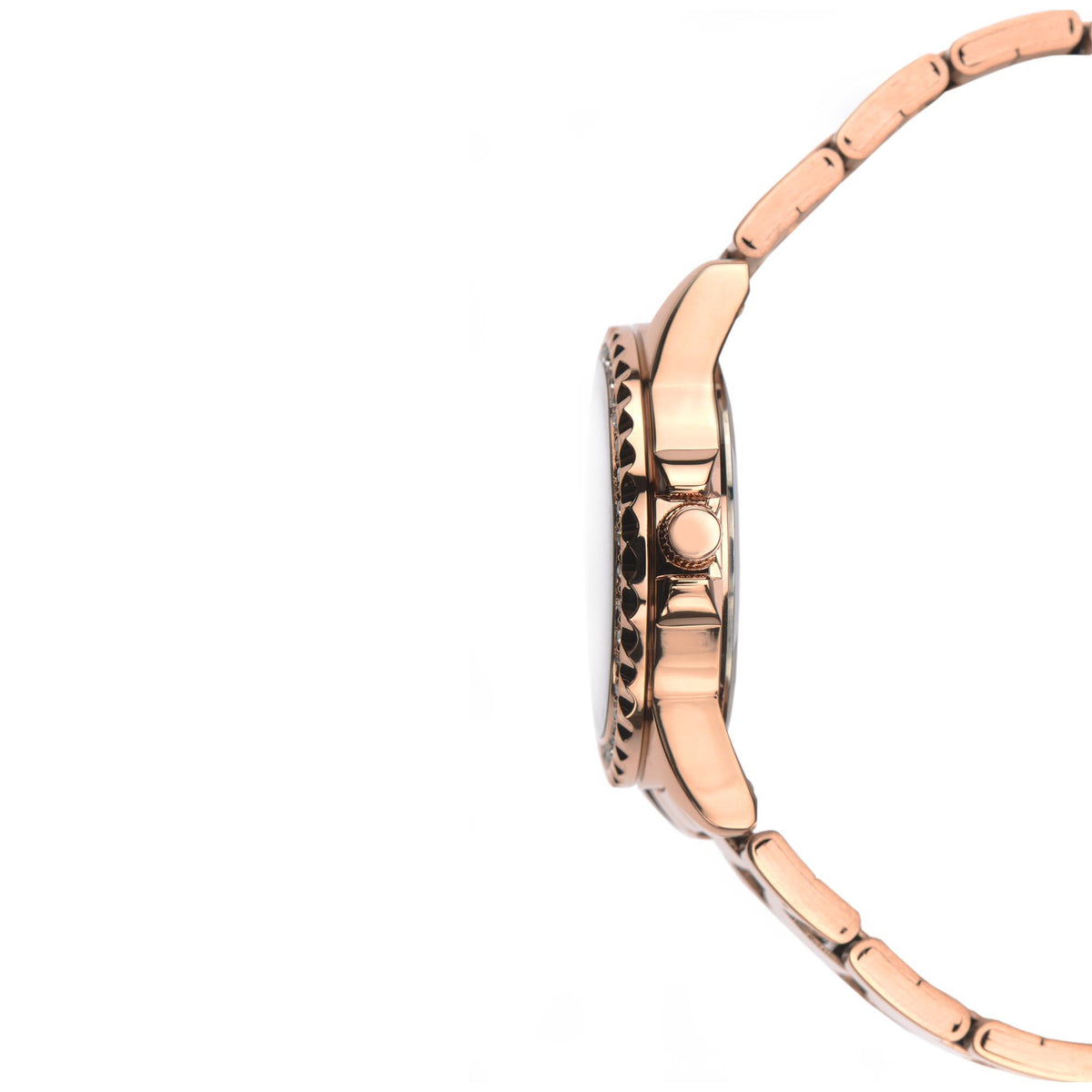 Rose gold-tone ladies quartz watch curved case and crown side profile