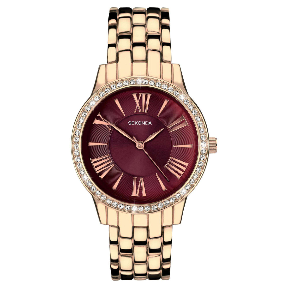 Sekonda Hero Quartz ladies watch front view with rose gold stainless strap and burgundy Roman dial