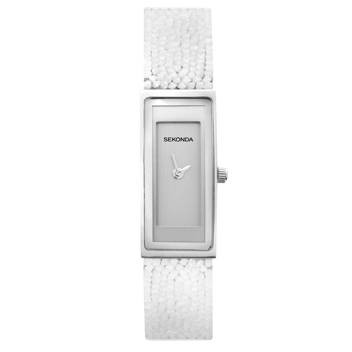 Sekonda ladies rectangular wristwatch, silver case, grey dial, white textured strap