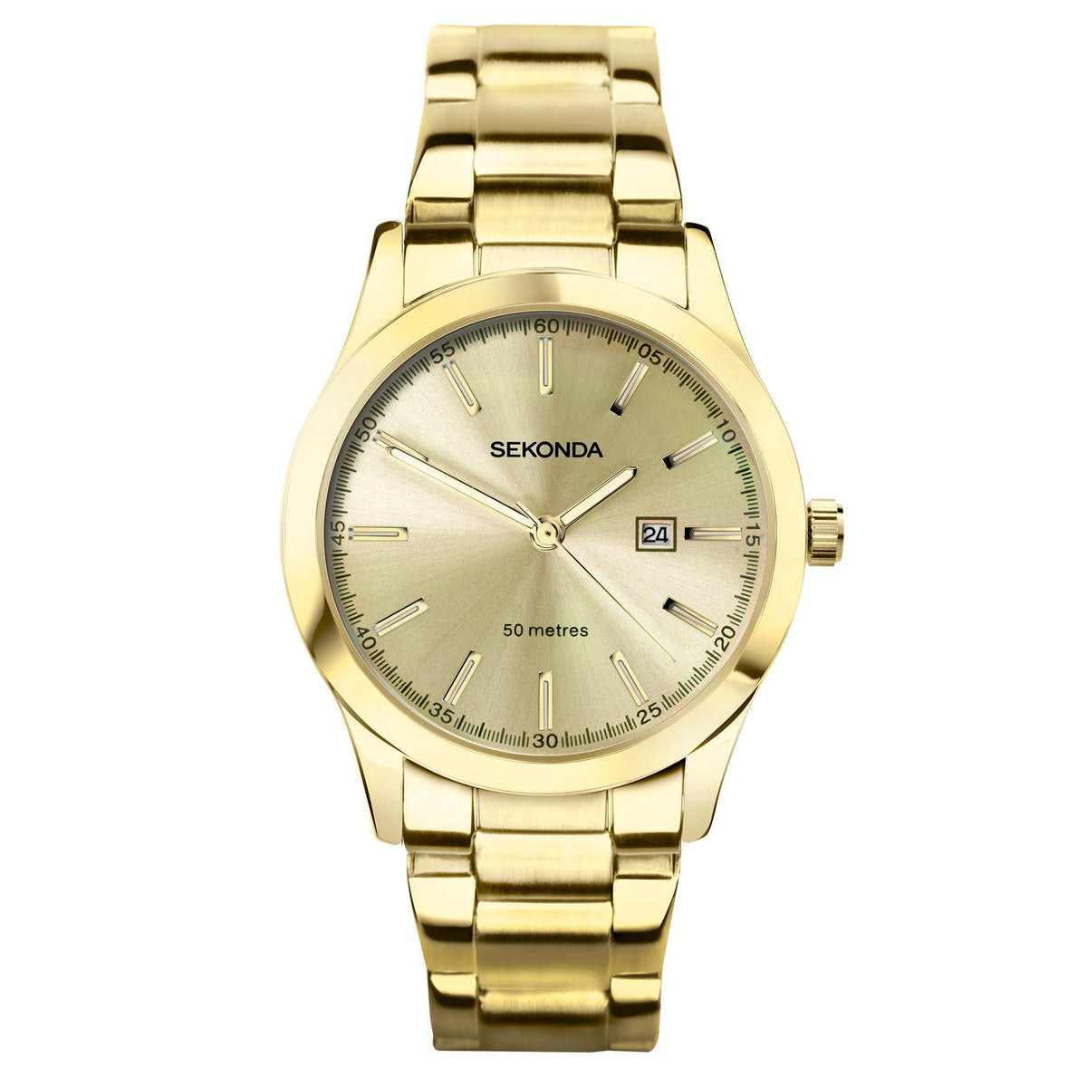 Gold-tone ladies quartz wristwatch front view with champagne dial and date window at 3.