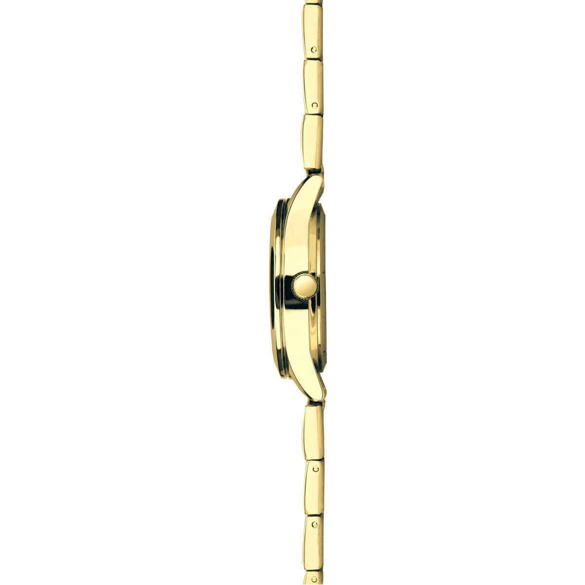 Gold-tone stainless steel ladies watch, side profile with crown and case thickness