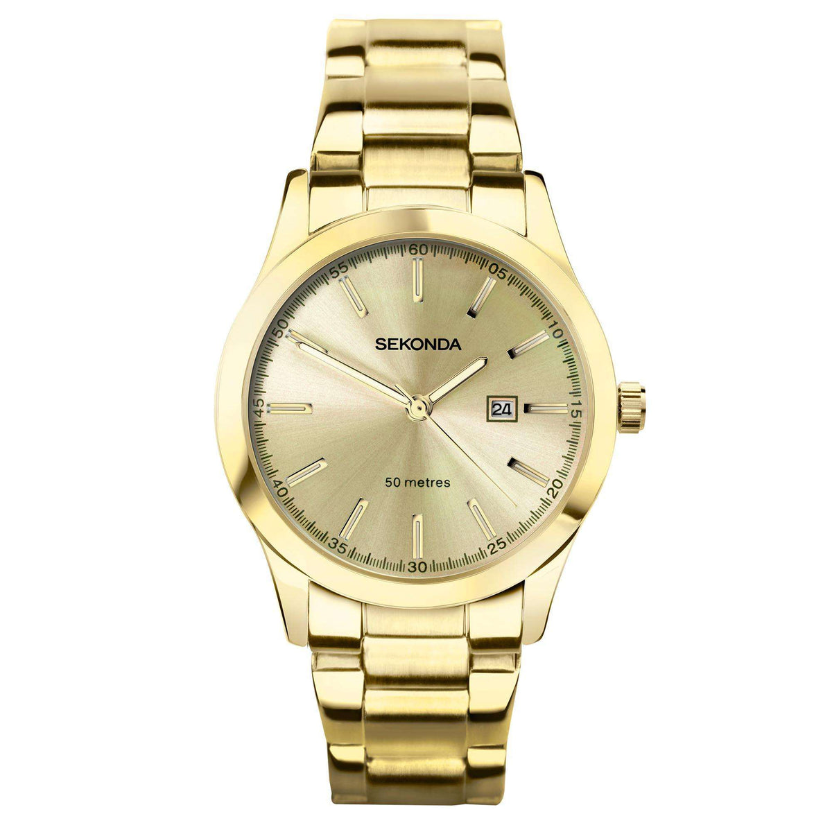Gold-tone ladies quartz wristwatch with champagne dial, baton indices, and 50 metres text.