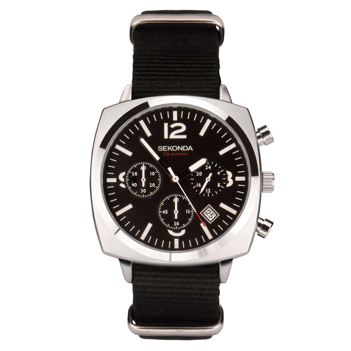Men's Sekonda chronograph watch with black dial, black fabric strap, and silver case.