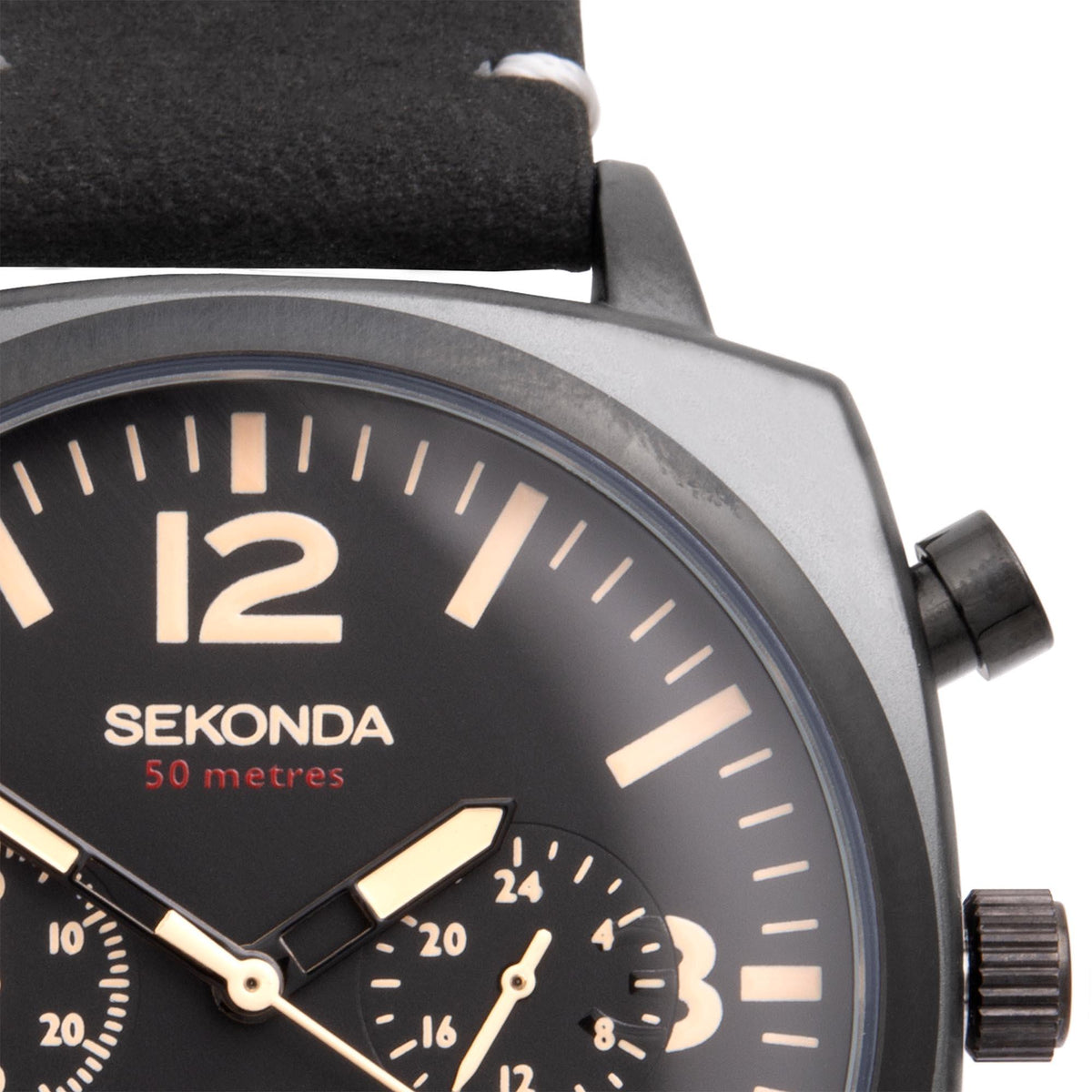Black dial men's watch with cream numerals, sub-dials, and 50 metres mark