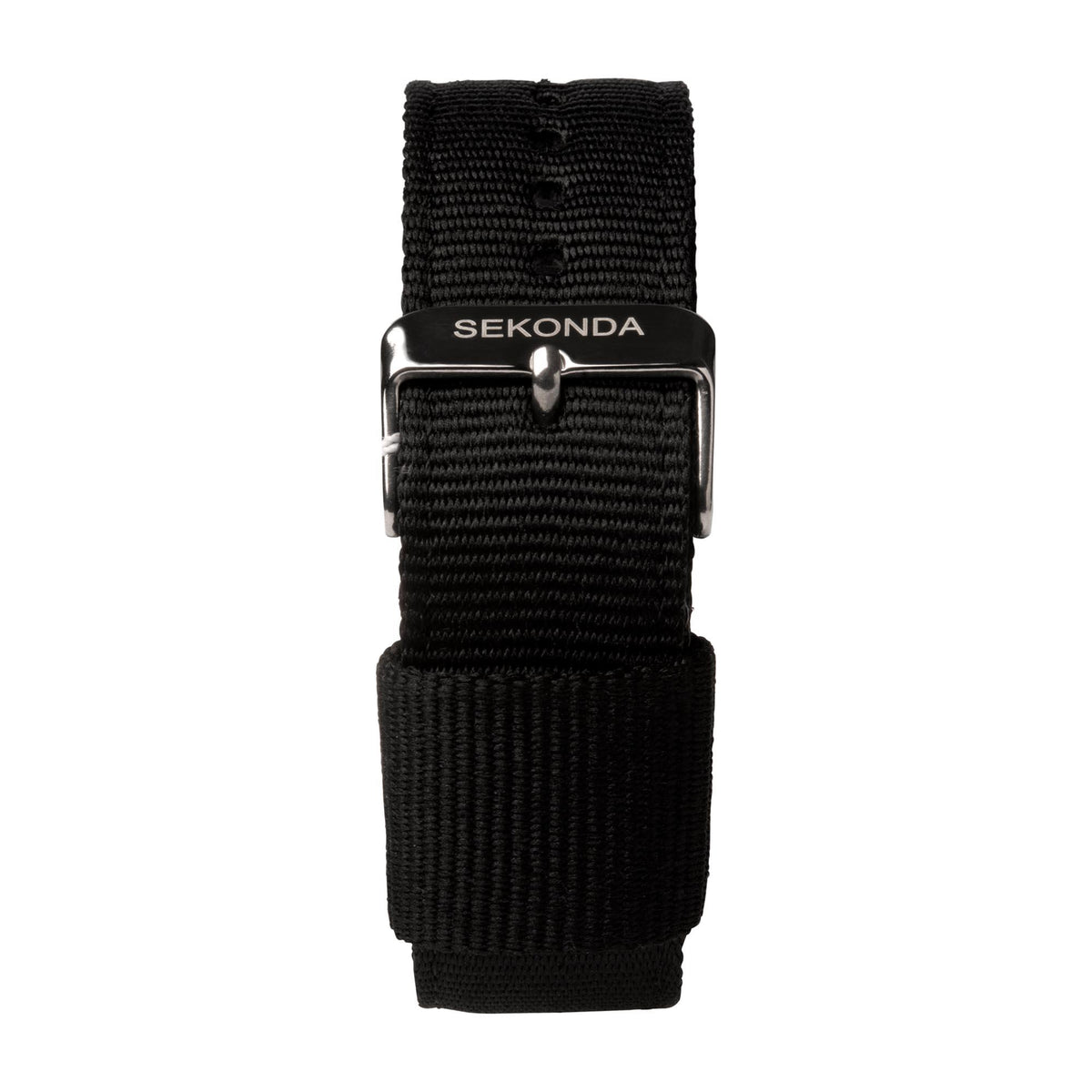 Men's quartz watch back view with black woven strap and SEKONDA clasp