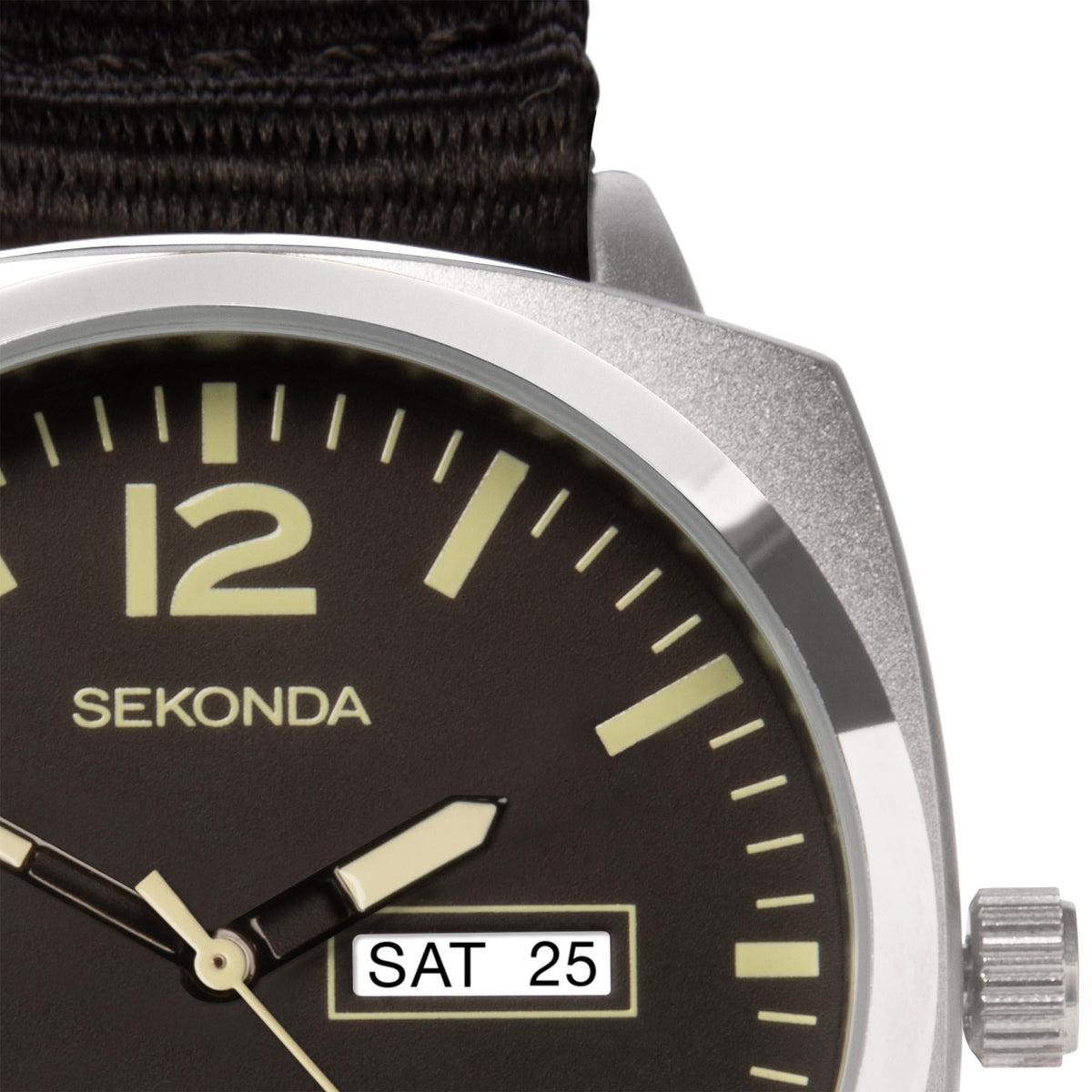 Men's black dial watch with gold-tone markers, day-date window at 12