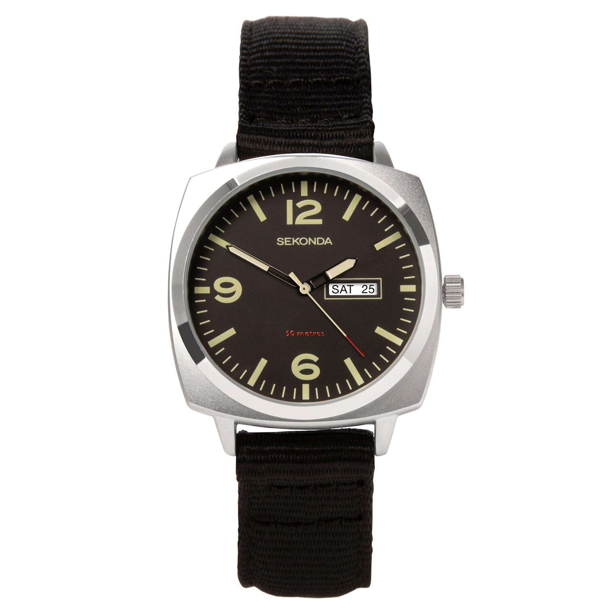 Men's quartz watch front view with black dial and black fabric strap