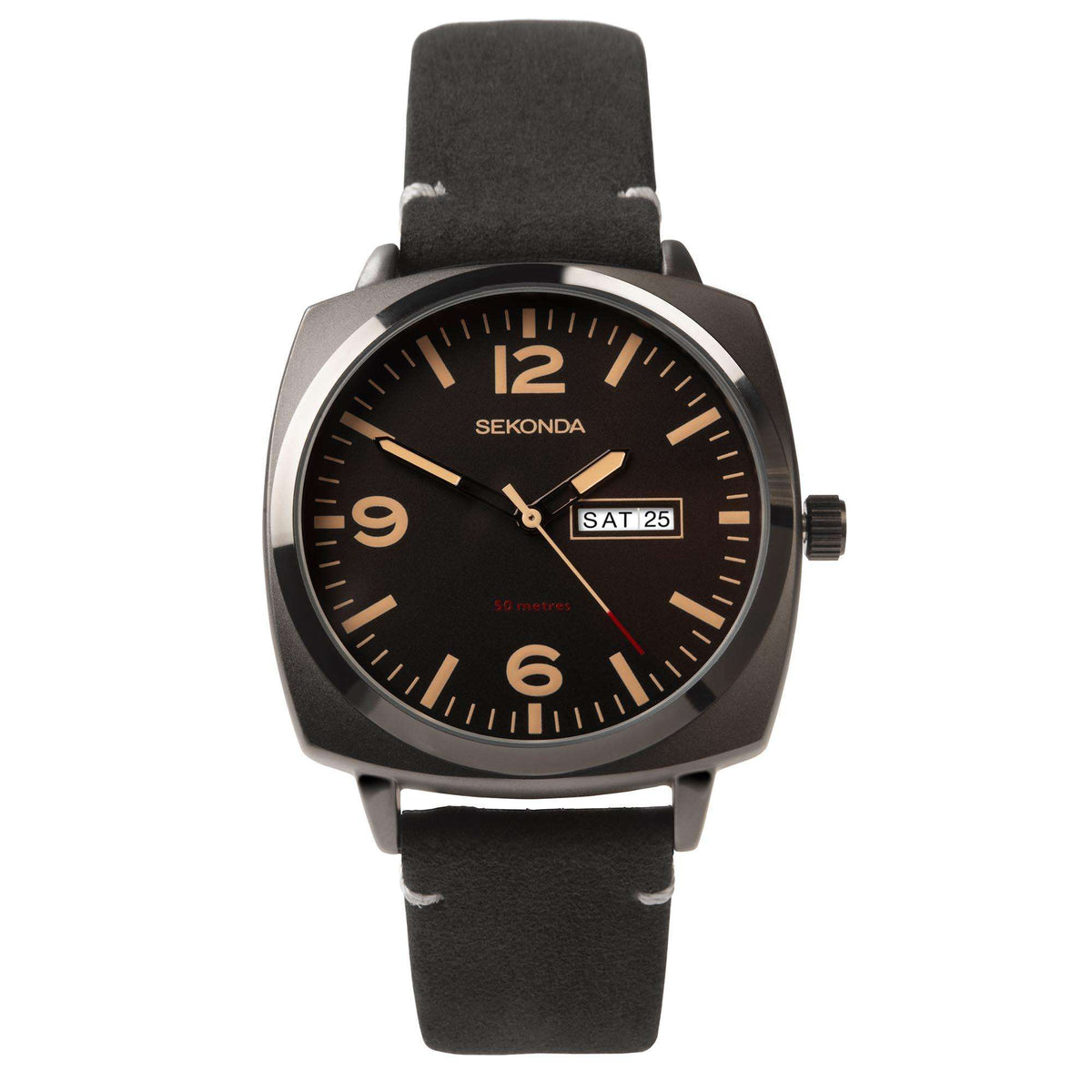 Men's black dial watch with gold numerals and hands, SAT 25 date window