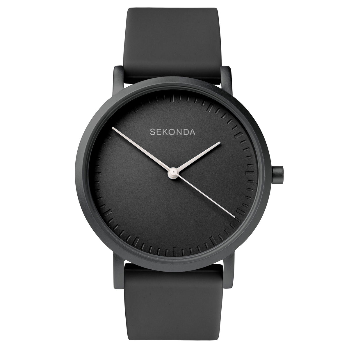 Ladies quartz watch with black silicone strap, round black dial, and silver hands
