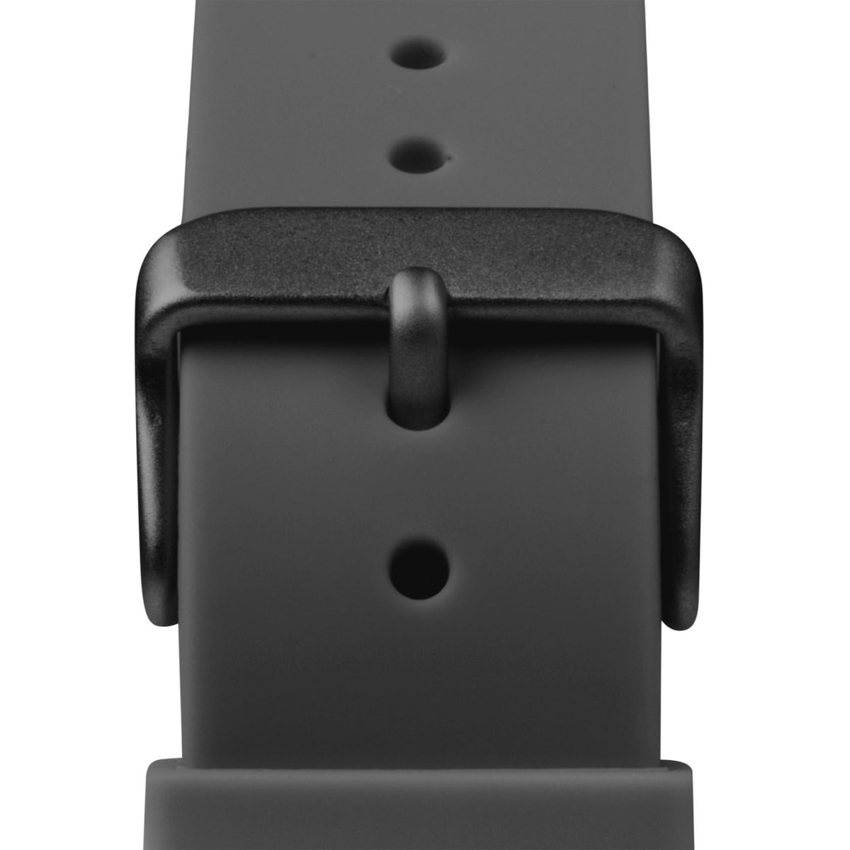 Close-up of black silicone strap and watch case with crown notch and dark dial