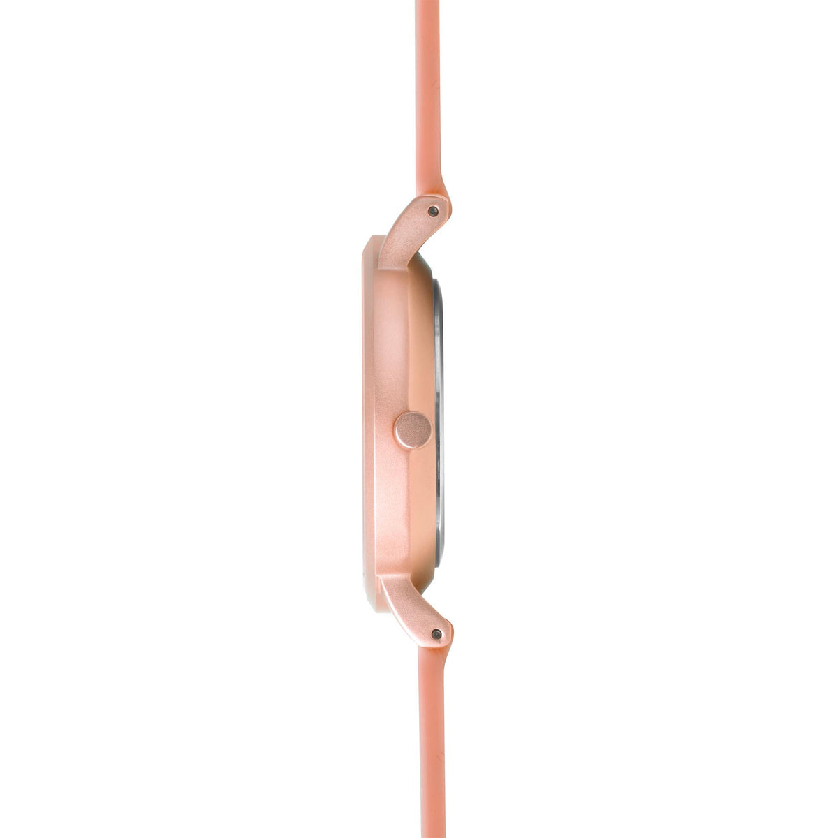 Pink silicone strap quartz watch with rose-gold tone case side profile